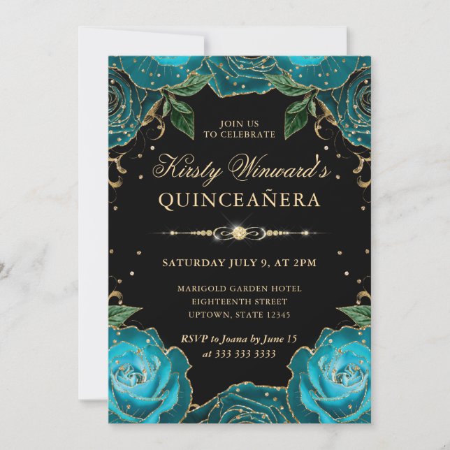 Blommigten Teal och Guld Ro Quinceanera Inbjudningar (Framsida)