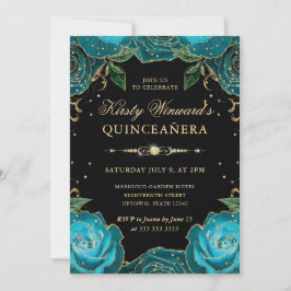 Blommigten Teal och Guld Ro Quinceanera Inbjudningar