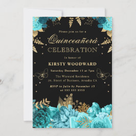 Blommigten Teal och Guld Ro Quinceanera Inbjudningar