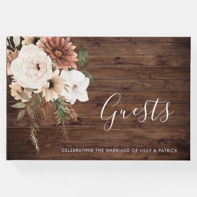 Blommigten Terracotta Bröllop Rustic Wood Gästböcker (Framsida)