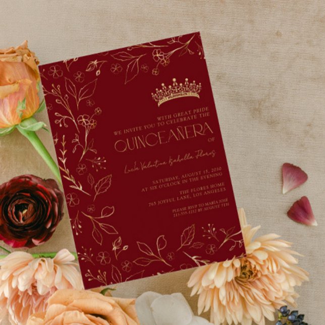 Blommigten Tiara Quinceañera, Modern Red Guld Ro Inbjudningar (Skapare uppladdad)