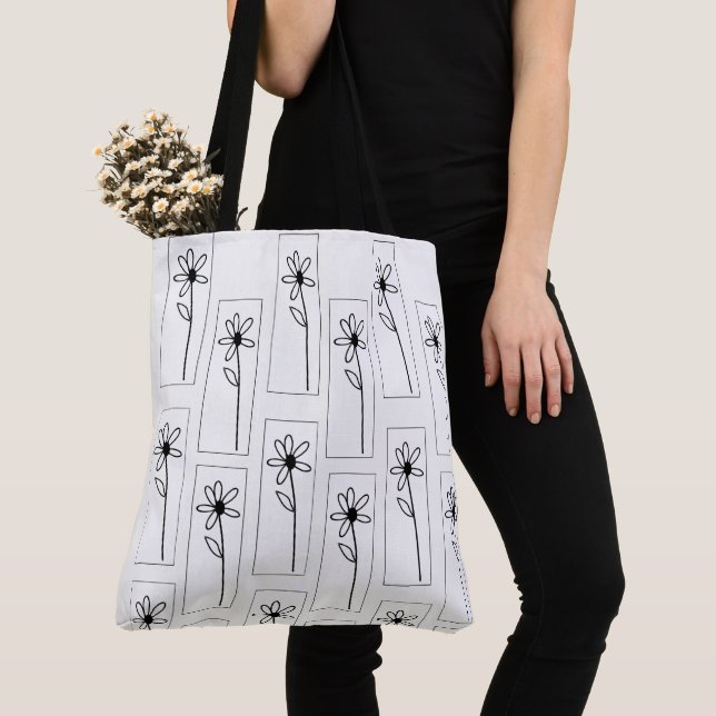 Blommigten Tote Bag Black & White Flowers Tygkasse (Närbild)
