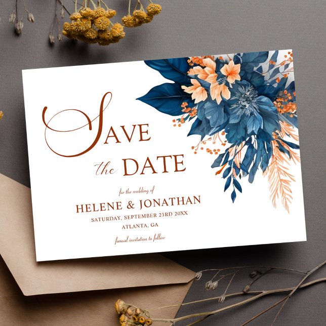 Blommigten Trädgårdsblå Orange Garden Elegant bröl Spara Datumet (Navy Blue Orange Floral Garden Elegant Wedding Save The Date)