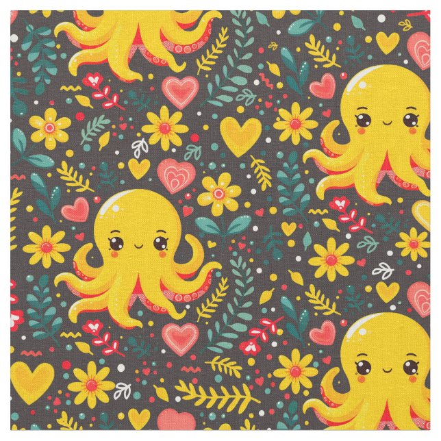 Blommigten Trädkol Kawaii Octopus Tyg (Närbild)