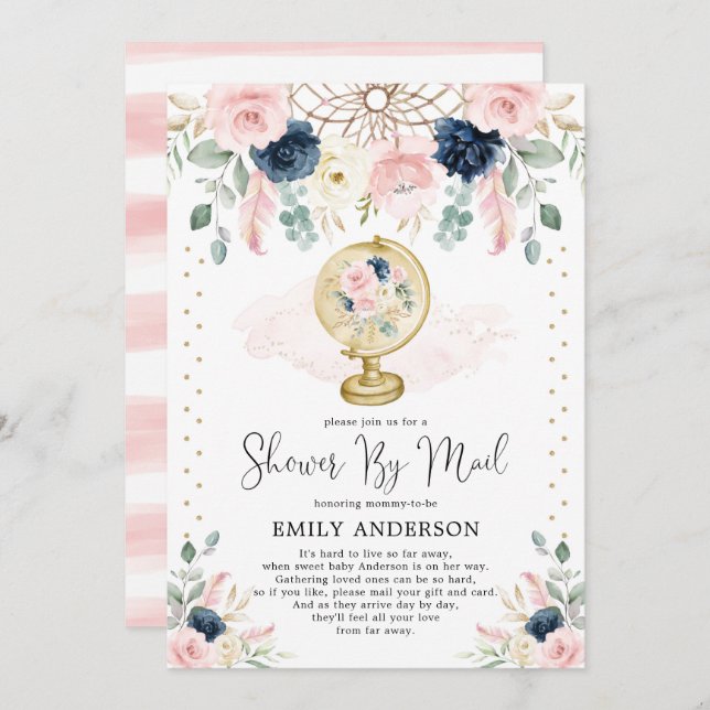 Blommigten Travel Baby Shower by Mail Rosa  Navy Inbjudningar (Fram/baksida)