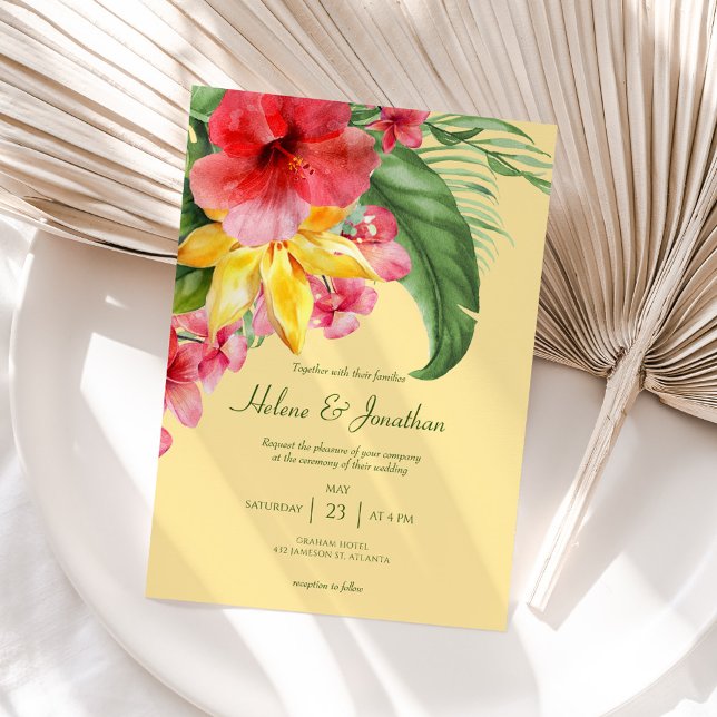 Blommigten Tropical Beach Colorful Destinations We Inbjudningar (Tropical Beach Floral Colorful Destination Wedding Invitation)