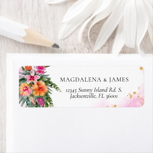 Blommigten Tropical Island Rosa Orange Elegant   Returadress Etikett (Insitu)