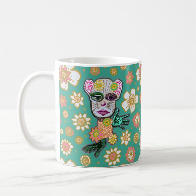 Blommigten Turcouise Drollery av Natalie Schorr Kaffemugg (Vänster)