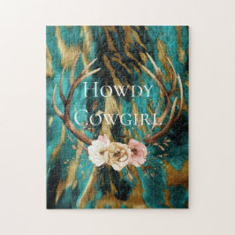 Blommigten Turkvoise Brown Guld Cowhide Hjort Antl Pussel