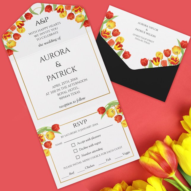 Blommigten Vår med ljust och fet vit färg (Bright & Bold White Colorful Tulip Spring Floral All In One Invitation)