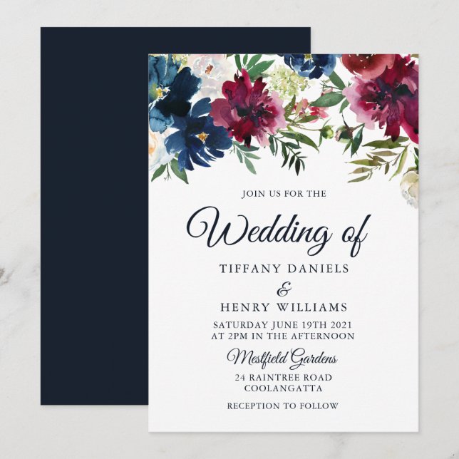Blommigten Vatercolor Bröllop vid marinfärgning oc Inbjudningar (Fram/baksida)