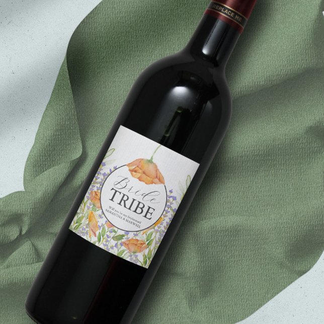 Blommigten Vattenfärg Bridesmaid Frieri etikett (Bridesmaid proposal gift custom wine label watercolor wildflower art by Victoria Grigaliunas.)