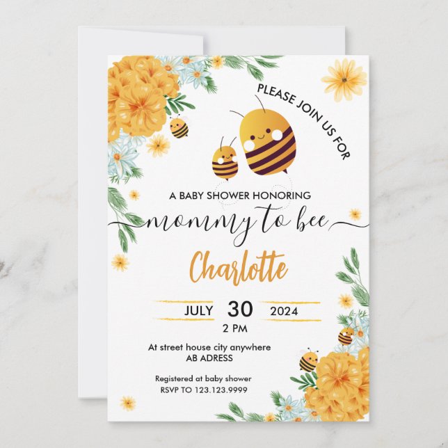 Blommigten Vattenfärg för mamma till Bee Baby Show Inbjudningar (Framsida)