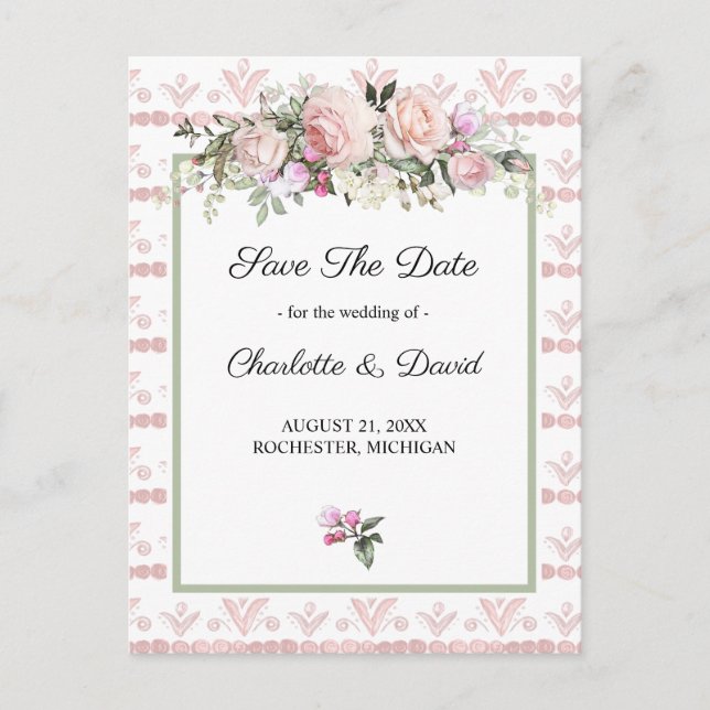 Blommigten Vattenfärg Rosa ros Spara datum Meddelande Vykort (Framsida)