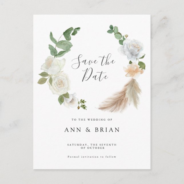 Blommigten Vattenfärgsblomma i Vit ros Spara datum Vykort (Framsida)