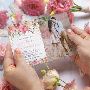 Blommigten Vattenfärgsfoto Rosa Bröllop Inbjudningar