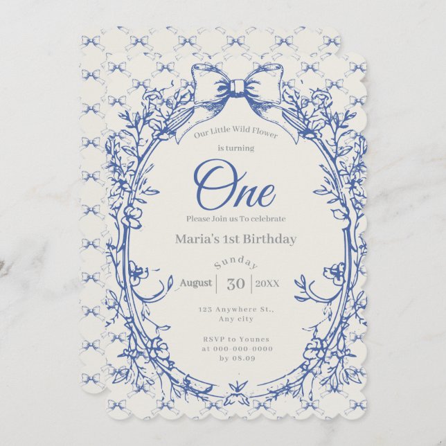blommigten vintage Coquette Blue Bow Inbjudningar (Fram/baksida)