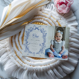 blommigten vintage Coquette Blue Bow Inbjudningar