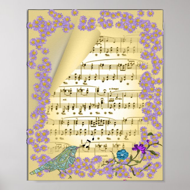 Blommigten vintage Inspired Music Bird Poster Skri (Framsidan)