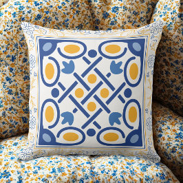 Blommigten vintage Medelhavsblått och Guld Kudde