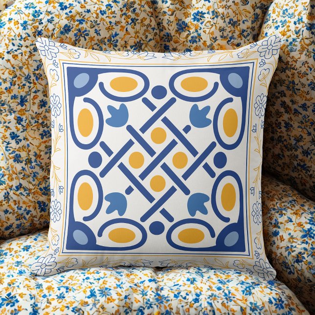 Blommigten vintage Medelhavsblått och Guld Kudde (Skapare uppladdad)