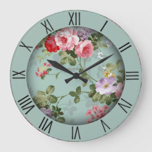 Blommigten vintage Mint Grönt Design Romerska siff Stor Klocka