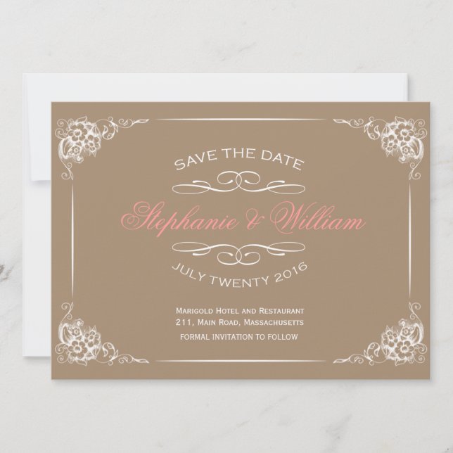 Blommigten vintage Spara datumkortet i Mocha Datumet (Framsida)