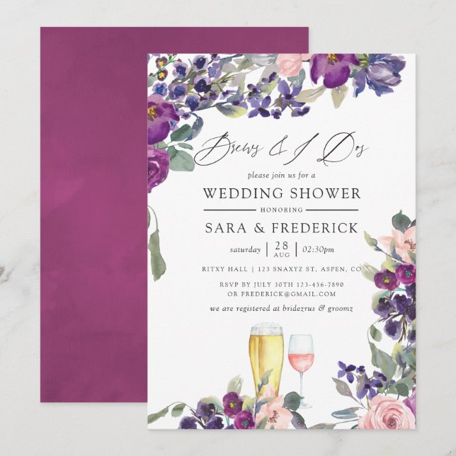 Blommigten Violet och Plum brinner innan jag gör d Inbjudningar (Fram/baksida)