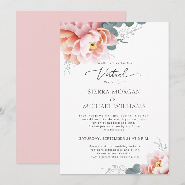 Blommigten virtuella Bröllop Elegant  Rosa Peony Inbjudningar (Fram/baksida)