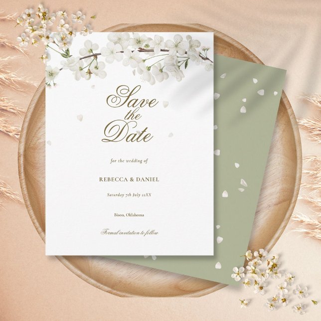 Blommigten Vit Blommar Greenery Spara datum Vykort (White Blossom Greenery Floral Save the Date Postcard)