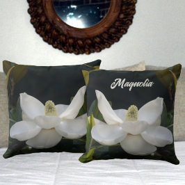 Blommigten Vit Magnolia Blommar Botanisk Mörk grön Kudde