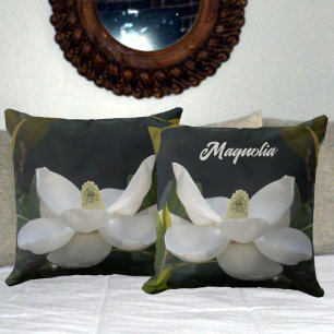 Blommigten Vit Magnolia Blommar Botanisk Mörk grön Kudde