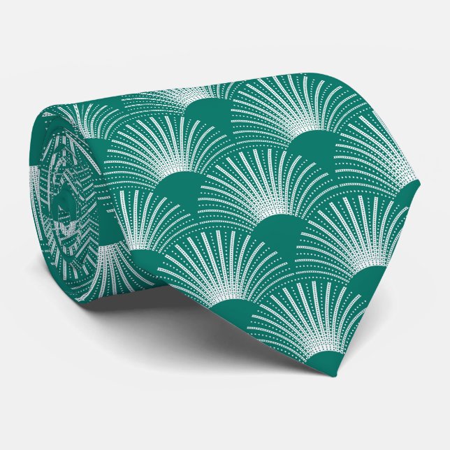 Blommigten Vit och Grönt Art Deco Mönster Slips (Rullad)