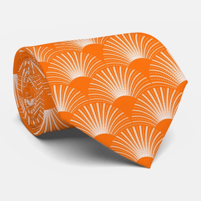 Blommigten Vit och Orange Art Deco Mönster Slips (Rullad)