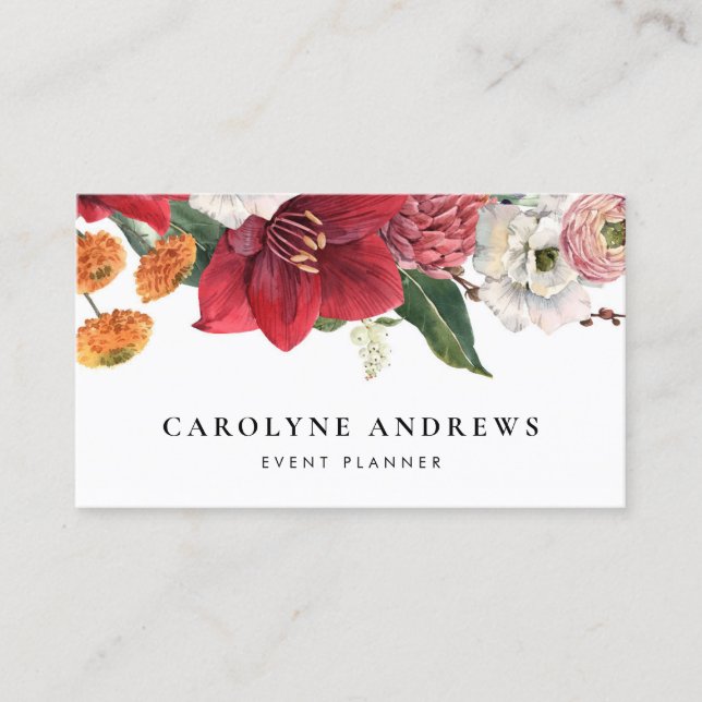 Blommigten Watercolor Amaryllis och Chrysanthemum Visitkort (Framsida)