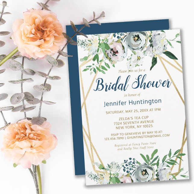 Blommigten Watercolor Blue Boho Inbjudningar (ELEGANT BLUE BOHO WHITE FLORAL BRIDAL SHOWER INVITATION
)