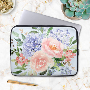 Blommigten Watercolor Blue Rosa Hydrangea Peony Vå Laptop Fodral