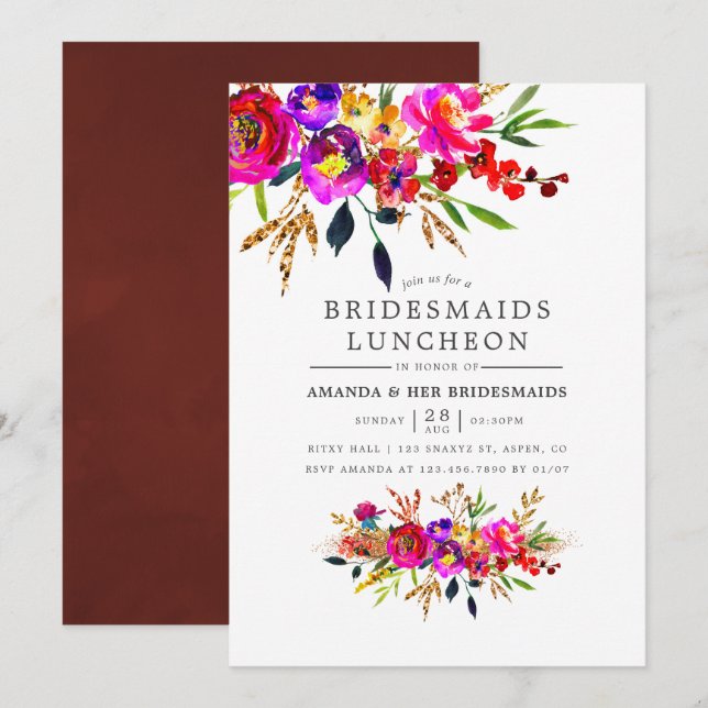 Blommigten Watercolor Bridesmaids Luncheon-inbjuda Inbjudningar (Fram/baksida)