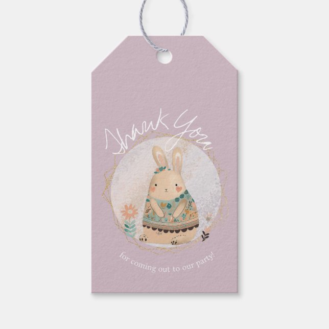 Blommigten Watercolor Bunny Påsk Birthday Tack Presentetikett (Framsidan)