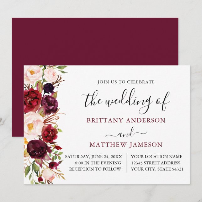 Blommigten Watercolor Calligraphy Burgundy Bröllop Inbjudningar (Fram/baksida)