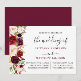 Blommigten Watercolor Calligraphy Burgundy Bröllop Inbjudningar