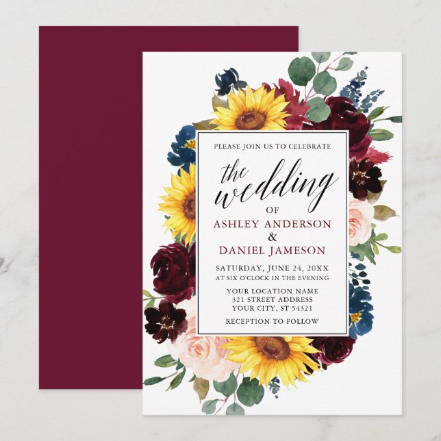 Blommigten Watercolor Calligraphy Burgundy Bröllop Inbjudningar (Fram/baksida)