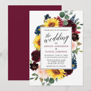 Blommigten Watercolor Calligraphy Burgundy Bröllop Inbjudningar
