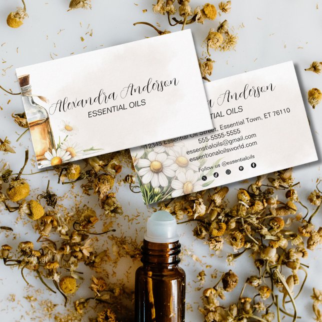 Blommigten Watercolor Chamomile Essential Oils Visitkort (Watercolor Chamomile Essential Oils Floral Business Card)