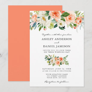 Blommigten Watercolor Coral Greenery Bröllop Inbjudningar