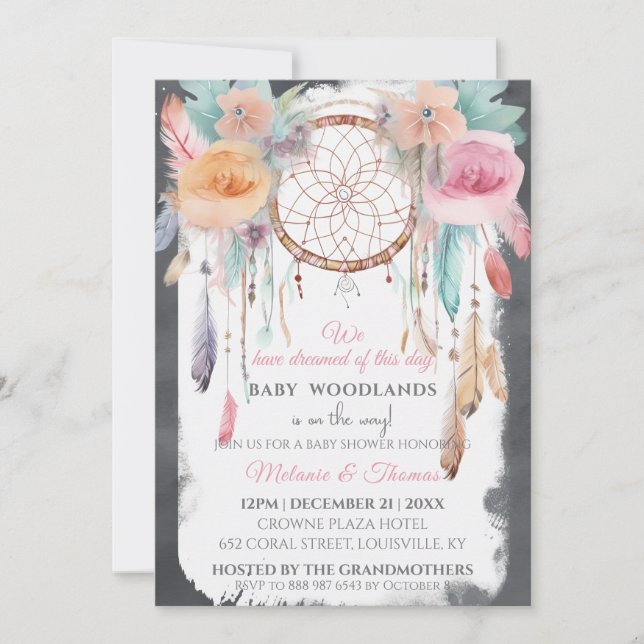 Blommigten Watercolor Dreamcatcher Baby Shower Boh Inbjudningar (Framsida)