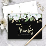 Blommigten Watercolor för bat mitzvah Guld-skript<br><div class="desc">Se till att din favorit Bat mitzvah visar hennes uppskattning för alla som stödde hennes milstolpe-händelse! Skicka ut det här sofistikerade personligen tack för vykortet! En chic, förbluffande, vit och guld glitter blommigt med faux guld-folie, typografi och vit san serif-typ överträffar en dramatisk svart bakgrund. En guld-stjärna av David, tillsammans...</div>