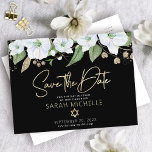 Blommigten Watercolor för bat mitzvah Guld-skript Inbjudan Vykort<br><div class="desc">Se till att alla dina vänner och släktingar kan fira din dotters milstolpe Bat mitzvah! Skicka ut den här chicen, personligen "Spara datummeddelande" vykort. En chic, förbluffande, vit och guld glitter blommigt med faux guld-folie, typografi och vit san serif-typ överträffar en dramatisk svart bakgrund. Anpassa anpassningsbarna till Bat mitzvah namn...</div>