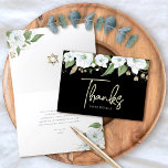 Blommigten Watercolor för bat mitzvah Guld-skript Tack Kort<br><div class="desc">Se till att din favorit Bat mitzvah visar hennes uppskattning för alla som stödde hennes milstolpe-händelse! Skicka ut det här sofistikerade, tack för personligen! En chic, förbluffande, vit och guld glitter blommigt med faux guld-folie, typografi och vit san serif-typ överträffar en dramatisk svart bakgrund. Ytterligare vattenfärgade blommor och en guld-stjärna...</div>