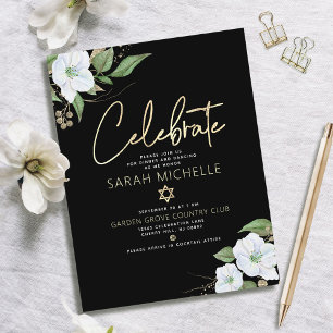 Blommigten Watercolor för bat mitzvah Guld-skript Tilläggskort
